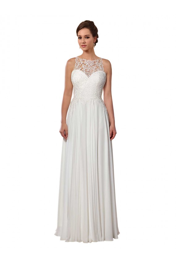 Illusion Neck A-Line Chiffon Beach Wedding Dress with Lace Halter Neckline