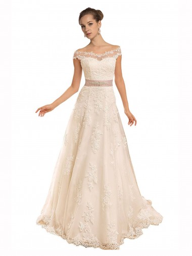 Cheap Off the Shoulder Illusion Back A-Line Lace Beach Wedding Dress Perth