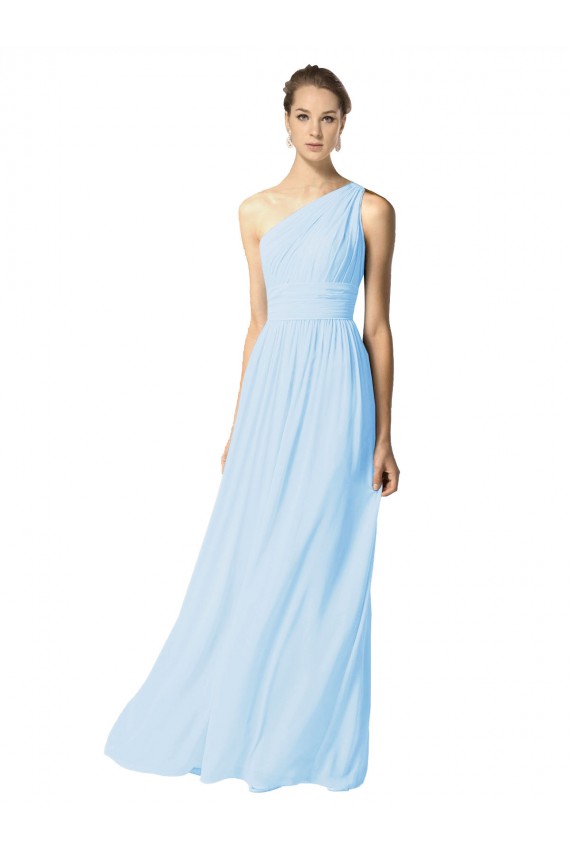 One Shoulder Long Chiffon Bridesmaid Dress with Shirred Bodice and Front Keyhole