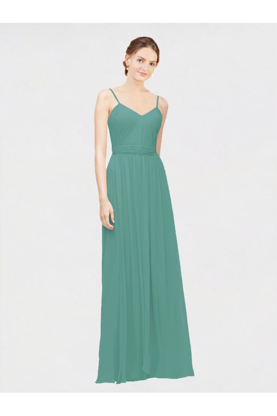 Rouched V-Neckline and Spaghetti Straps Long Chiffon Bridesmaid Dress