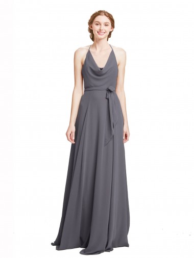Cheap Spaghetti Strap Long Chiffon Bridesmaids Dress with Halter Cowl Neck Perth