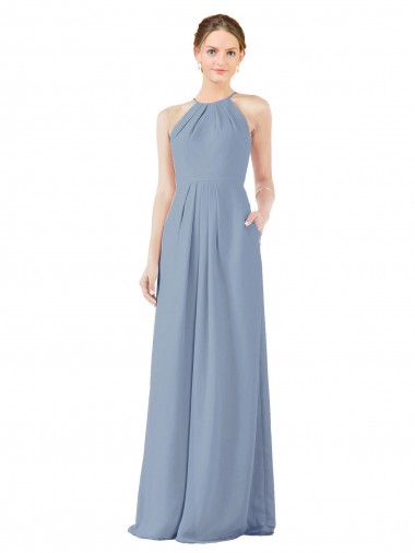 Cheap Fitted Long High Halter Neck Chiffon Bridesmaid Dress with Keyhole Back Perth