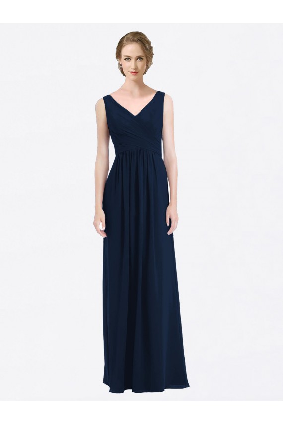 Long Chiffon V-Neck Sleeveless Bridesmaid Dress with Criss-Cross Pleated Bodice