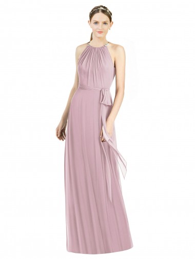 Cheap Shirred Halter Neck Long Chiffon Bridesmaid Dress Perth