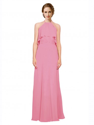 Cheap Ruffle Halter Neck A-Line Chiffon Bridesmaid Dress with Open Back Perth