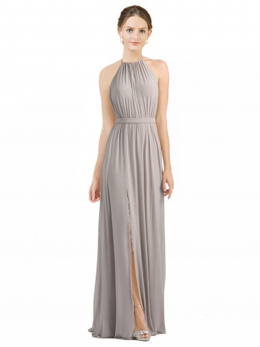 Cheap Backless Halter Chiffon Bridesmaid Dress with Front Slit and Tie Open Back Perth