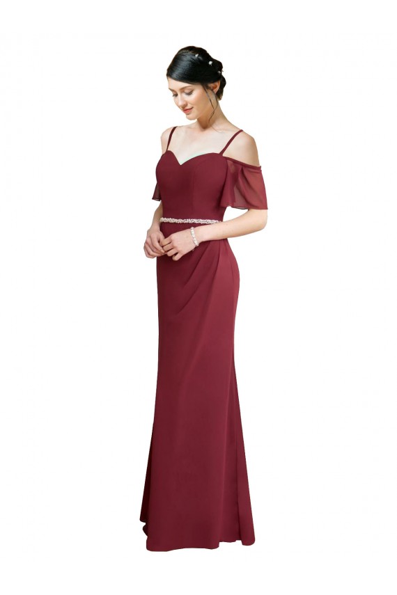 Draped Cold Shoulder Long Chiffon Bridesmaid Dress with Spaghetti Straps