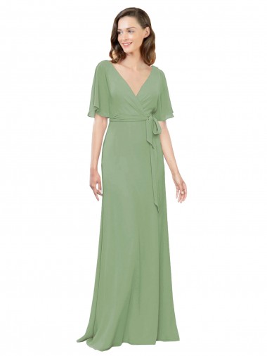 Cheap Chiffon V-Neckline Wrap Bridesmaids Dress With Double Flutter Sleeve Perth