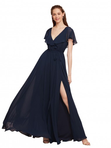 Cheap Long V-Neck Chiffon Bridesmaid Dress with Slit and V-Back Perth