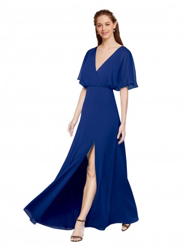 Cheap V-Neck Long Chiffon Bridesmaid Dress with Dolman Sleeved Bodice and Slit Perth