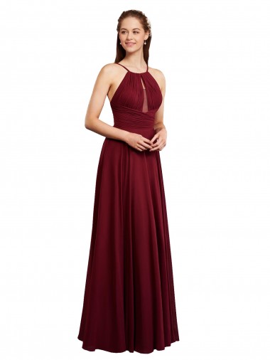 Cheap Long A-Line Halter Neck Chiffon Bridesmaid Dress with Draped Bodice Perth