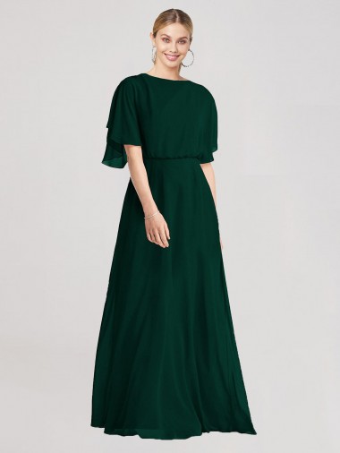 Cheap Full-Length Flutter Sleeves Plunging V Back Chiffon Bridesmaid Dress Perth