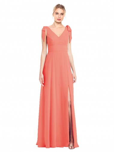 Cheap Full Length Bow-Shoulder V-Back Chiffon Bridesmaid Dress with Front Slit Perth