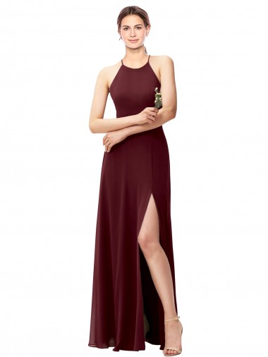 Cheap Slim Long High Halter Neck Chiffon Bridesmaid Dress with High Side Slit Perth