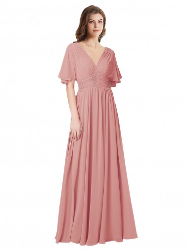 Cheap Flutter Sleeves Plunging V-Neck Boho Chiffon Bridesmaid Dress Perth