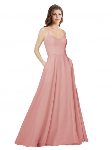 Cheap Open Back Wide Tie Band Long Chiffon Bridesmaid Dress with Pockets Perth