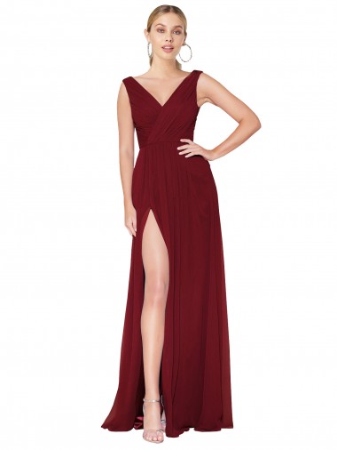 Cheap Draped Mermaid Long V-Neck Chiffon Bridesmaid Dress / Formal Prom Dress with High Slit Perth