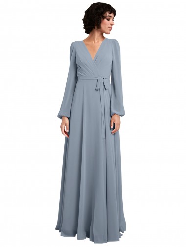 Cheap Wrap Style Long Sleeves Chiffon Bridesmaid Dress with Pleated Bodice Perth