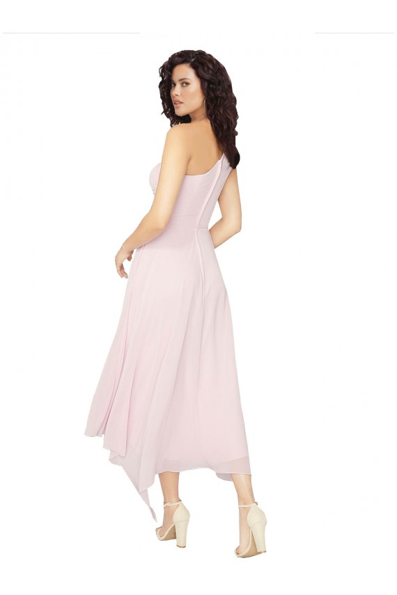 Midi Length One Shoulder Chiffon Cocktail Bridesmaid Dress