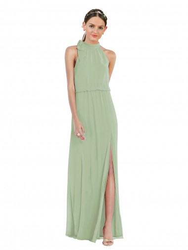 Cheap High Neck Scarf Tie Blouson Bodice Maxi Bridesmaid Dress with Front Slit Perth