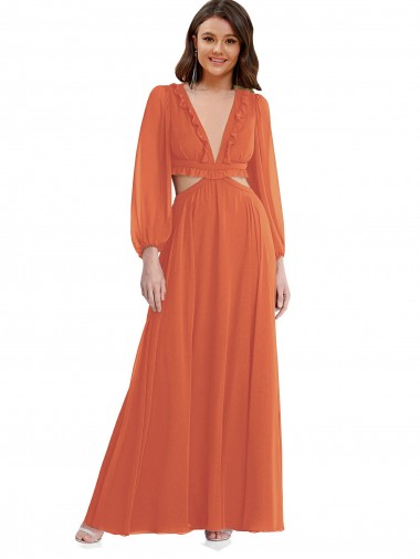 Cheap High Low Ruffled Long Chiffon Cutout Bishop Sleeves Maxi Bridesmaid Dress Perth