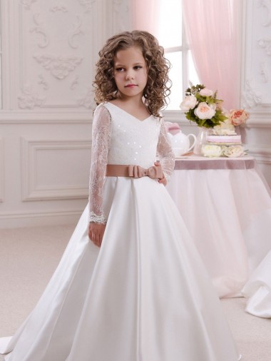 Cheap Ivory Ball Gown V-Neck Chapel Train Long Sleeve Flower Girl Dress Perth