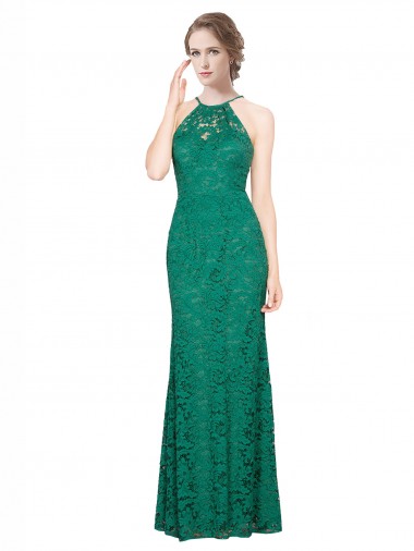 Cheap High Illusion Halter Neck Long Lace Bridesmaid Dress / Prom Dress Perth