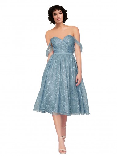 Cheap Off the Shoulder Sweetheart Chantilly Lace Midi Length Cocktail Bridesmaid Dress Perth
