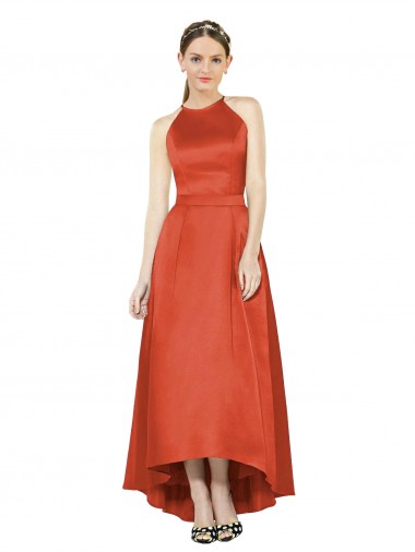 Cheap Full Length Halter Satin Bridesmaid Dress with Hi-Low Hem Detail Perth