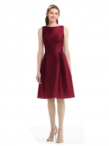 Cheap Short Midi Length Satin Cocktail Bridesmaid Dress with Bateau Neckline and V-Back Perth