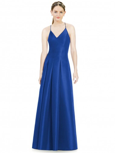 Cheap Full Pleated V-Neck Long Satin Bridesmaid Dress with Criss Cross Open Back Perth