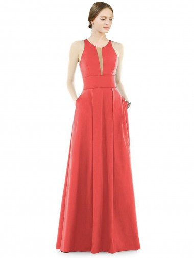 Cheap Sheer V-Neck Tulle Illusion Long Satin Bridesmaid Dress Perth