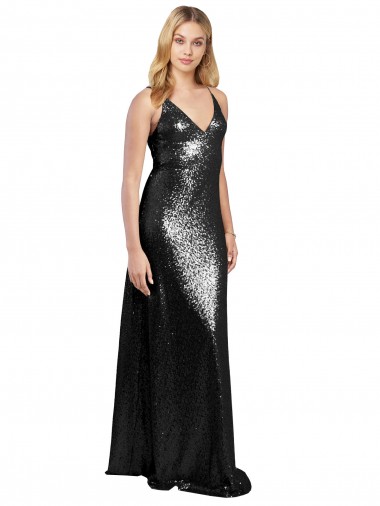 Cheap Full Length A-Line Formal Sequin Bridesmaid Dress / Prom Dress with Spaghetti Straps V-Neckline Perth