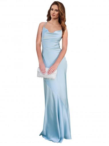 Cheap Open Back with Ties Cowl Neck Sheath Formal Silky Satin Long Bridessmaid Dress Perth