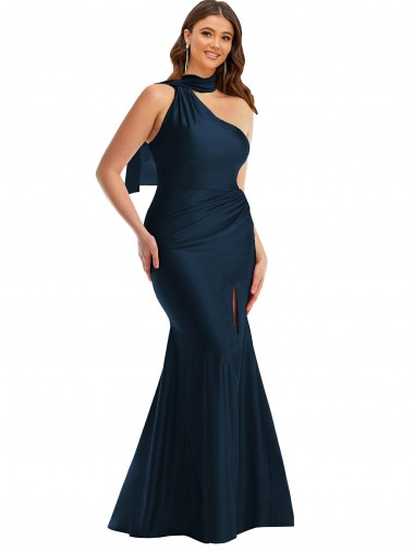 Cheap Scarf Neck One Shoulder Formal Silky Satin Mermaid Bridesmaid Dress / Prom Dress with Front Slit Perth
