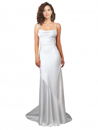 Cheap Simple Lace Up Back Cowl Neck Long Sweep Train Silky Satin Beach Wedding Dress Perth