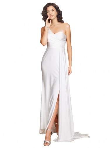 Cheap One Shoulder Floor Length Silky Satin Wedding Dress with Side Slit Perth