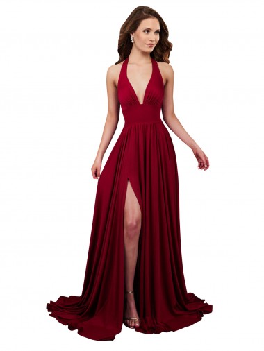 Cheap A-Line Halter Plunge V-Neckline Open Back Formal Spandex Bridesmaid Dress / Prom Dress with Slit Perth
