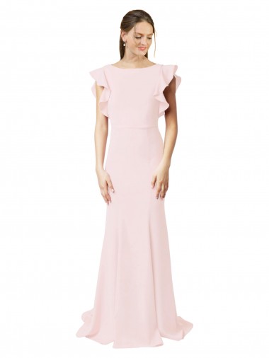 Cheap Low V-Back Long Mermaid Crepe Bridesmaid Dress / Prom Dress with Ruffled Sleeves Perth