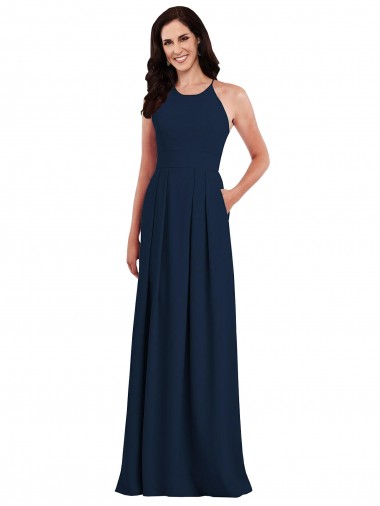 Cheap Criss Cross Back Crepe Halter Bridesmaid Dress with Pockets Perth