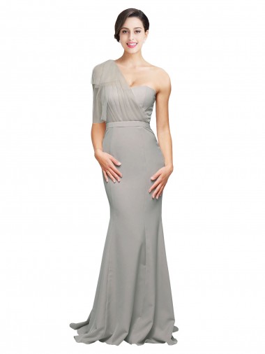 Cheap Long Sweep Train Sweetheart Formal Crepe Bridesmaid Dress / Prom Dress with Tulle One Shoulder Perth