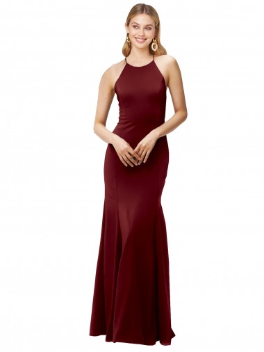 Cheap Fit and Flare Halter Neckline Stretch Formal Crepe Bridesmaid Dress / Prom Dress with Strappy Back Perth