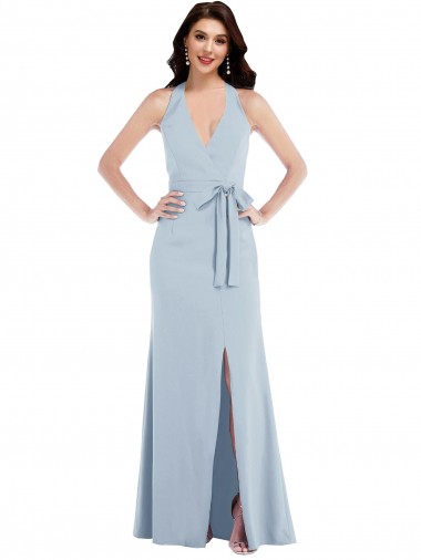 Cheap Open Back Halter Maxi Formal Crepe Bridesmaid Dress / Prom Dress with Draped Bow Perth