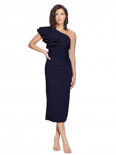 Cheap Ruched Midi Length Short Cocktail Formal Crepe Bridesmaid Dress / Prom Dress with Shoulder Ruffles Perth