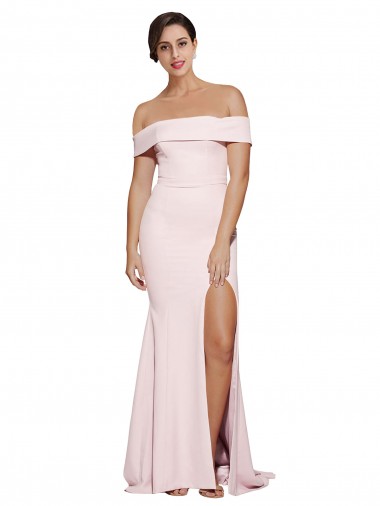 Cheap Off Shoulder Long Formal Crepe Bridesmaid Dress / Prom Dress with Straight Neckline and Side Split Perth