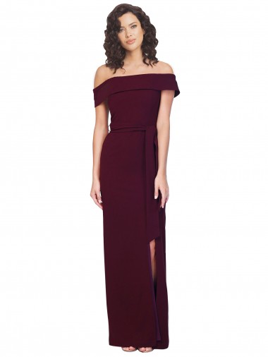 Cheap Fitted Full Length Off the Shoulder Formal Crepe Bridesmaid Dress / Prom Dress with Side Split and Waist Tie Perth