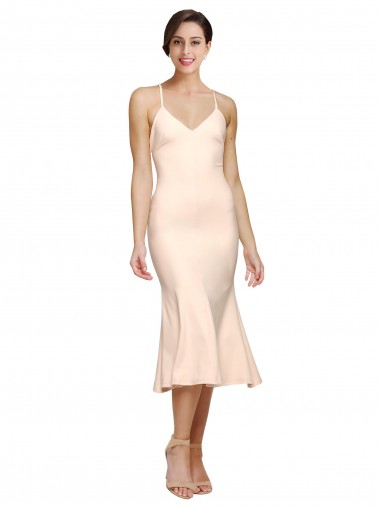 Cheap Midi Cocktail Length V-Neckline Crepe Bridesmaid Dress / Prom Dress with Thin Straps and Fulted Skirt Perth
