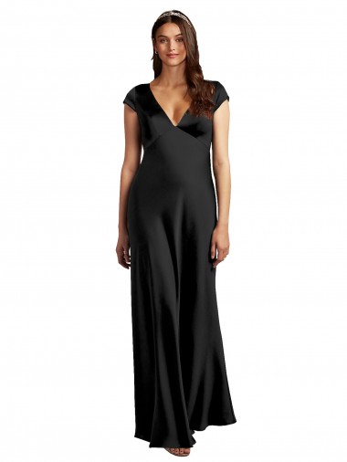 Cheap Plunging V-Neck Cap Cleeves Long Formal Stretch Satin Bridesmaid Dress / Prom Dress with Keyhole Back Perth