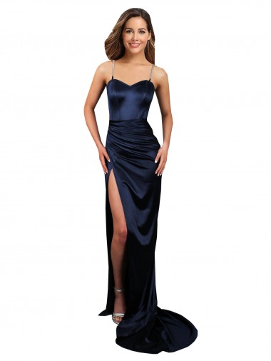 Cheap Pleated Sash Skirt Long Formal Stretch Satin Bridesmaid Dress / Prom Dress with High Slit Perth