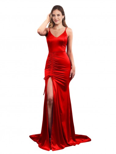 Cheap Long Pleated Formal Stretch Satin Bridesmaid Dress / Prom Dress with High Slit Perth